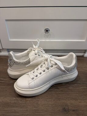 Steve Madden White Platform Sneakers with Silver Crystal Heel